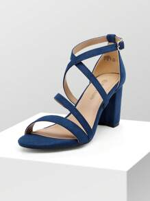 Women Elegant Ankle Strap Dress Heeled Sandals Open Toe Cross Strap Low Chunky Heel Sandals For Summer Graduation Heels Prom Heels - 藏蓝色 - 查看 4