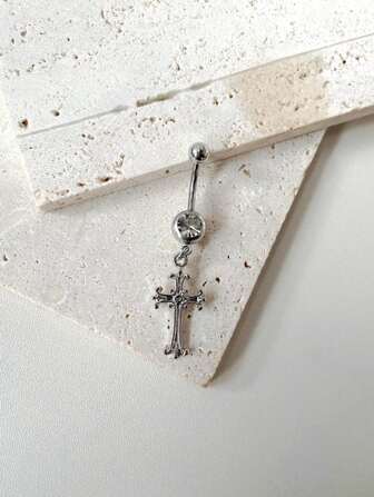 1pc Fashionable Sexy Personalized Cross Pendant Stainless Steel Navel Ring, Minimalist Versatile Jewelry For Couples, Influencers, Nightclub, Party, Valentine's Day, New Year, Daily Wear