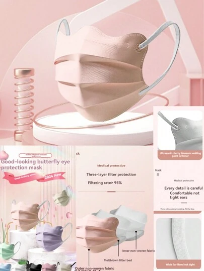 xxy 50片/包；口罩尺寸：宽9.5厘米，上长17.8厘米，下长19厘米；蝴蝶形美容增强防护面罩，多种颜色可供选择，满足人们对美学和个性的追求。