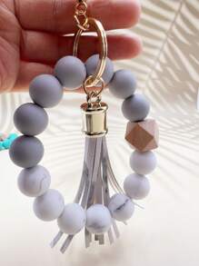 1pc Minimalist Beaded Keychain, Handmade Tassel Keyring, Women's Fashion Silicone Bead Wrist Lanyard - Marble Print Charm, Bag Accessory, Gift For Friends, Mom, Teachers - Multicolor - View 10