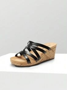 Women's Dressy Slip On Casual Comfort Cork Strappy Platform Slides Summer Wedge Sandals - 黑色 - 查看 5