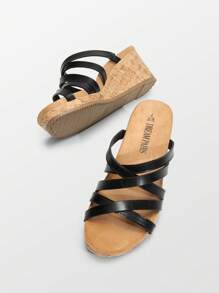 Women's Dressy Slip On Casual Comfort Cork Strappy Platform Slides Summer Wedge Sandals - 黑色 - 查看 8