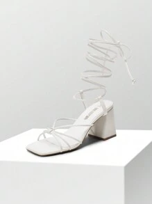 Women Chunky Heeled Strappy Sandals, Stylish Sexy Lace-Up High Heels With Square Toe For Party Wedding Prom For Summer Wearing - 白色 - 查看 1