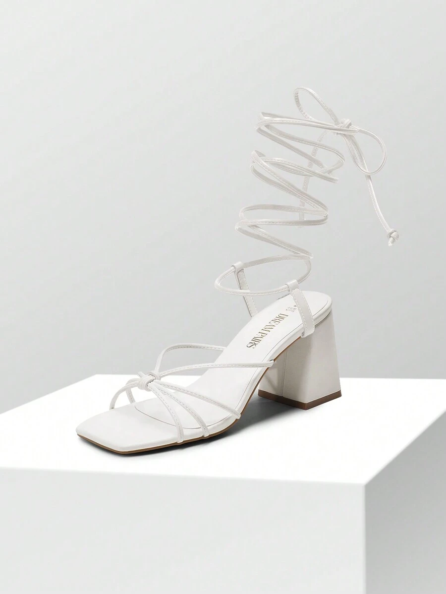 Women Chunky Heeled Strappy Sandals, Stylish Sexy Lace-Up High Heels With Square Toe For Party Wedding Prom For Summer Wearing - 白色 - 查看 1
