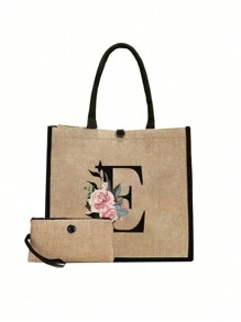 简约花朵字母印花亚麻手提包，简约旅行包，化妆包，大容量旅行手提包，圣诞节最佳教师礼物 - 卡其色 - 查看 14