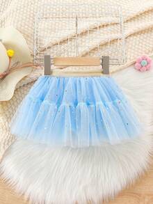 1pc Girls Lovely Princess Mesh Sparkle Star Moon Glitter Tutu Mini Skirt Fancy, Party/Birthday Gift, Suitable For Spring/Summer/Autumn/Winter - Blue - View 2