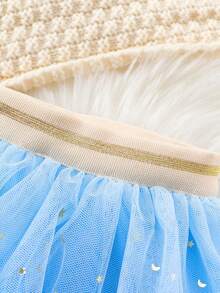 1pc Girls Lovely Princess Mesh Sparkle Star Moon Glitter Tutu Mini Skirt Fancy, Party/Birthday Gift, Suitable For Spring/Summer/Autumn/Winter - Blue - View 3