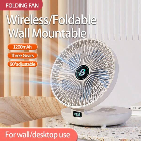 1PC Rechargeable 1200mAh Foldable Desktop Fan Wall Mountable Fan, Portable Air Conditioner, Folding Fan, Table Fan, Small Portable Fan Perfect For Office, Home, Kitchen, Outdoor, 90° Adjustable, Quiet Operation, With Trackless Hook, Three Gears Adjustment, Two Colors Available.