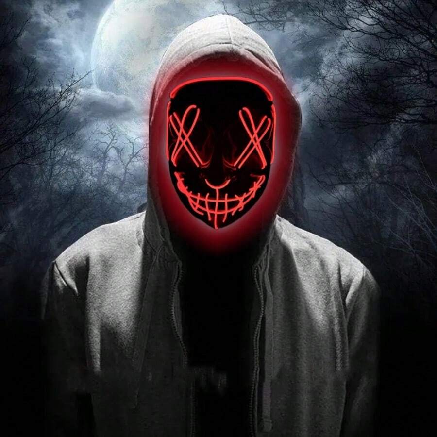 1 个 LED 发光面具，小丑设计恐怖面具，适合复活节、万圣节、狂欢派对 - 紅色 - 查看 1