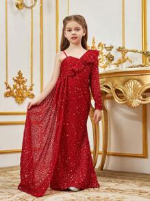 Tween Girls' Asymmetrical Tie And Floaty Glitter Dress - Red - View 4