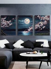 3入組美麗的夜景、月亮、花朵和水面藝術印刷品,適用於臥室、客廳、書房、餐廳、廚房、咖啡店、酒店牆壁裝飾,無框畫布油畫家居裝飾 - 彩色 - 查看 1