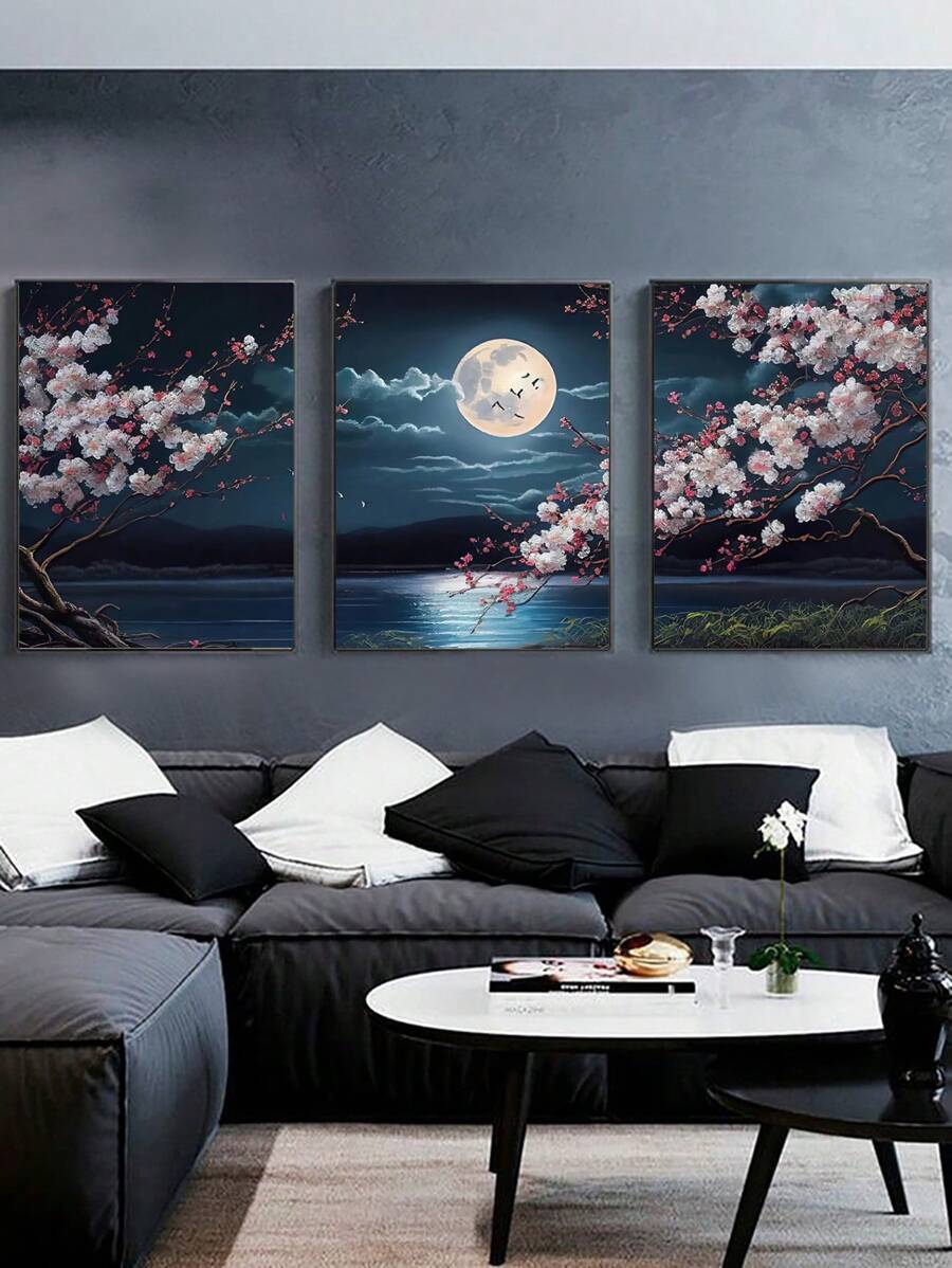 3入組美麗的夜景、月亮、花朵和水面藝術印刷品,適用於臥室、客廳、書房、餐廳、廚房、咖啡店、酒店牆壁裝飾,無框畫布油畫家居裝飾 - 彩色 - 查看 1