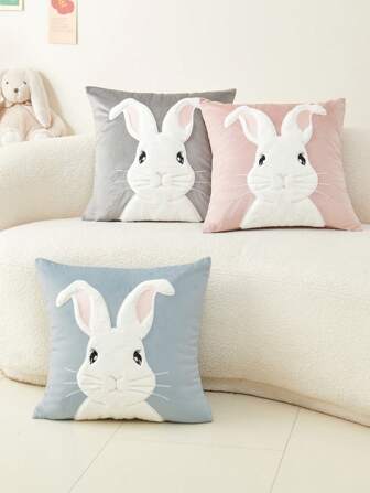 1 funda de almohada de peluche bordada con forma de conejo