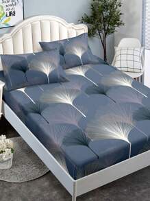 3入組/套銀杏葉圖案藍色床笠套裝1入組床笠和2入組枕套現代面料床笠套裝適合所有季節 - 深灰色 - 查看 3