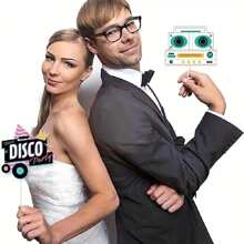 25 件 70 年代照片亭道具、迪斯科照片亭套件、20 世纪 70 年代迪斯科复古派对主题照片亭道具（带木棍），适用于嬉皮派对、迪斯科狂热派对、派对用品 - 黑色 - 查看 2