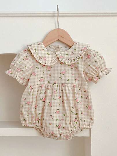 Sweet Floral Print Puff Sleeve Baby Girl Romper