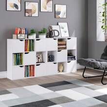 Furchen Bibliothèque, étagère, meuble de rangement, meubles de salon, 9 compartiments de rangement, 5 portes, convient pour bureau, bureau, salon, blanc, 90x29x90cm - Blanc - Voir 9