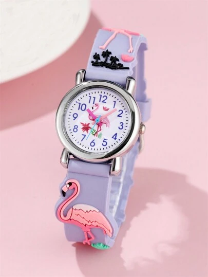Đồng hồ trẻ em hoạt hình họa tiết chim hồng hạc dễ thương, dây đeo silicon.