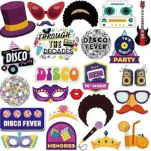 25 件 70 年代照片亭道具、迪斯科照片亭套件、20 世纪 70 年代迪斯科复古派对主题照片亭道具（带木棍），适用于嬉皮派对、迪斯科狂热派对、派对用品 - 黑色 - 查看 1