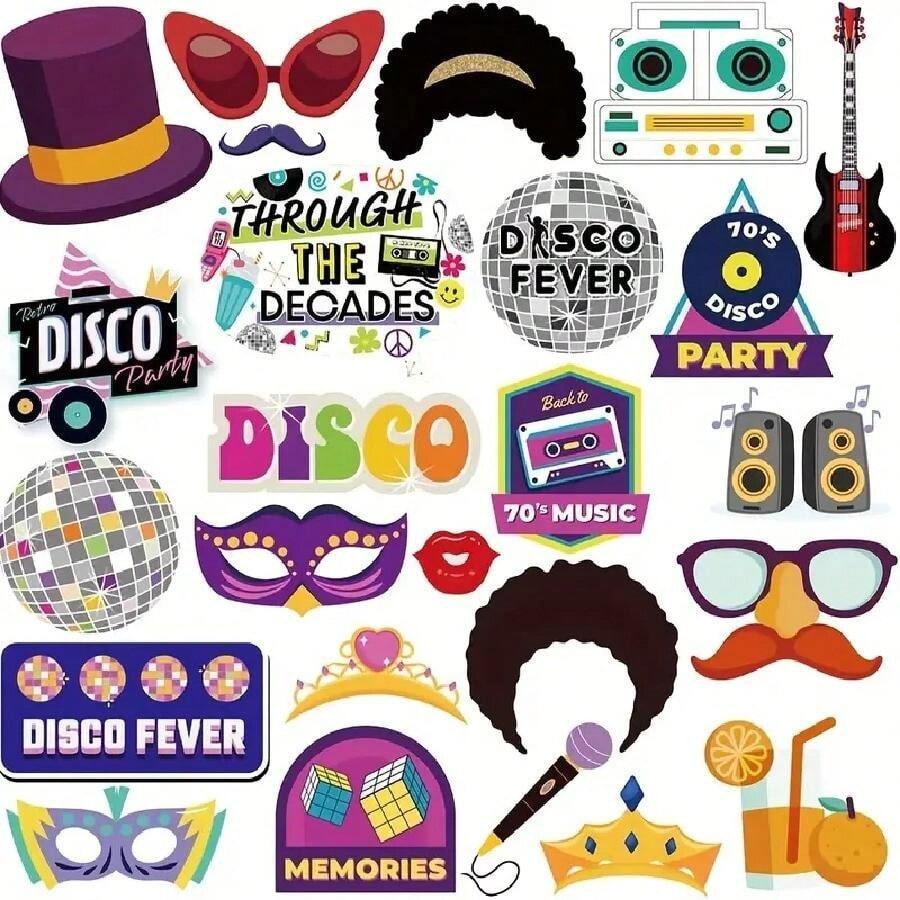 25 件 70 年代照片亭道具、迪斯科照片亭套件、20 世纪 70 年代迪斯科复古派对主题照片亭道具（带木棍），适用于嬉皮派对、迪斯科狂热派对、派对用品 - 黑色 - 查看 1