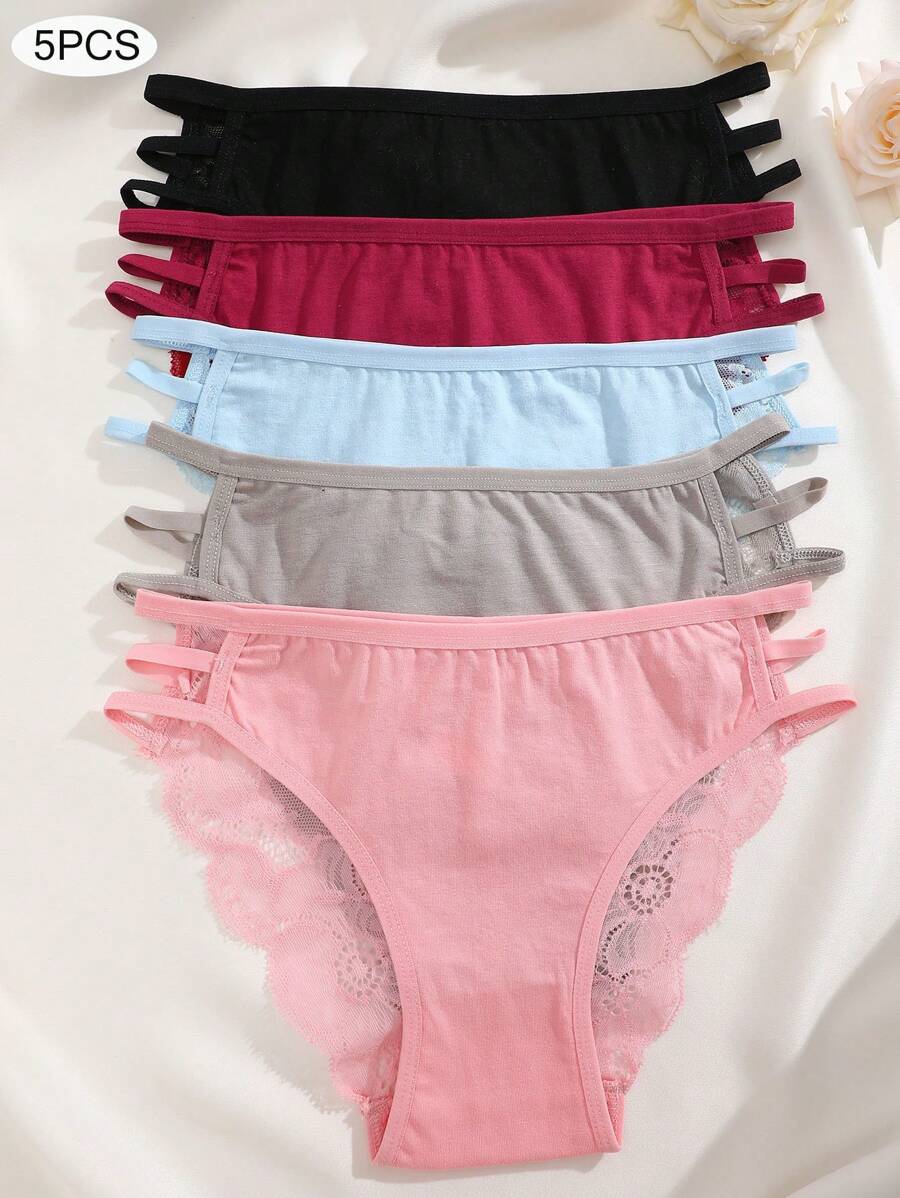 5入組女式純色,空心雕花和性感蕾絲修邊側帶,舒適透氣三角褲,內衣,貼身衣物 - 彩色 - 查看 1