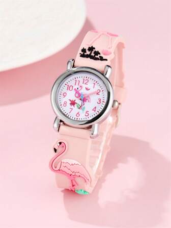 可爱火烈鸟图案硅胶表带儿童石英卡通手表