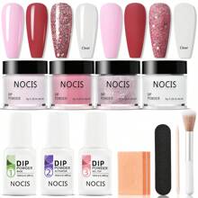 11入組粉末狀美甲套裝對於初學者,4色透明裸色顏色金屬亮絲粉末狀系統液體成套工具帶15ml底座和適用於法語指甲片DIY沙龍 - 藍色 - 查看 1