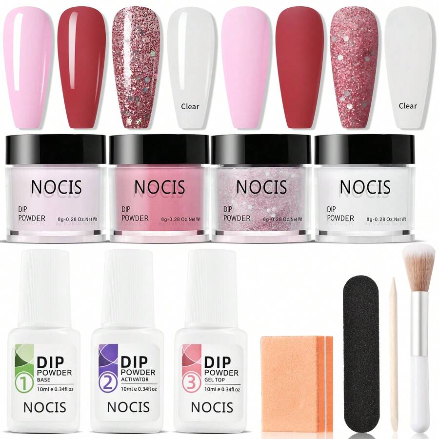 11入組粉末狀美甲套裝對於初學者,4色透明裸色顏色金屬亮絲粉末狀系統液體成套工具帶15ml底座和適用於法語指甲片DIY沙龍 - 藍色 - 查看 1