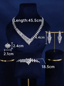 4 件套奢华设计珠宝套装，镀铂金铑迪拜阿拉伯时尚女士派对、婚礼、情人节礼物 - 方鑽不對稱 - 查看 3