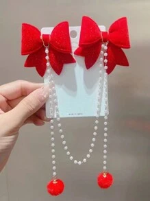 1件女童時尚甜美珍珠蝴蝶結流蘇髮夾 - 紅色 - 查看 2