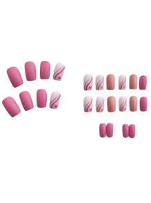 Transform Your Nails with 24pcs Short Square Pink Matte Striped Heart Fake Nail & 1sheet Tape & 1pc Nail File