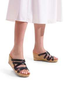 Women's Dressy Slip On Casual Comfort Cork Strappy Platform Slides Summer Wedge Sandals - 黑色 - 查看 6
