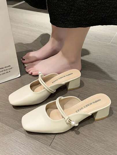 Women's Pearl Mary Jane Shoes With Closed Toe, High Heel Mules, Versatile Block Heeled Sandals Valentines