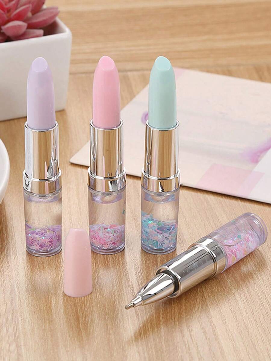 4件套开学季，学校用品，学生学习办公用品，情人节送女朋友的礼物，口红，学生中性笔，清新沙粉色圆珠笔，书写笔，签名笔，创意多色文具笔，学生中性笔，清新可爱高颜值笔；0.5mm黑色笔芯口袋笔