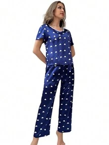 2 件女式心形印花睡衣套裝,短袖圓領上衣和鬆緊腰褲,家居服 - 藍色 - 查看 5