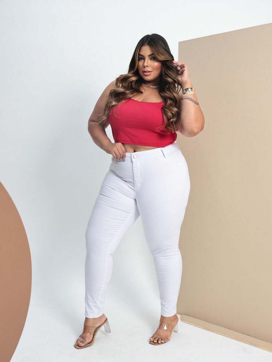 Calça Feminina Plus Size Branca Básica Modelo Premium Fashion - Branco - Visão 1