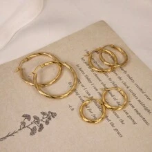 3pairs Stainless Steel Twisted Wire Earrings Plated With 18k Gold, Fashionable And Minimalist Earrings, Ideal Choice For Festival Gifting - Gold - View 5