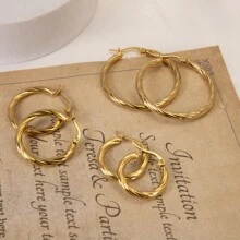 3pairs Stainless Steel Twisted Wire Earrings Plated With 18k Gold, Fashionable And Minimalist Earrings, Ideal Choice For Festival Gifting - Gold - View 2
