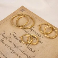 3pairs Stainless Steel Twisted Wire Earrings Plated With 18k Gold, Fashionable And Minimalist Earrings, Ideal Choice For Festival Gifting - Gold - View 4