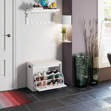 Furchen Schuhbank mit Sitzfläche, Schuhschrank mit Sitzbank, Weiße Schuhbank, Schuhregalbank, Eingangsschuhschrank, Holz, mit 3 Regalen, geeignet für Flureingang, Schlafzimmer, Wohnzimmer, 60x29,5x50,5 cm - Weiss - Übersicht 3