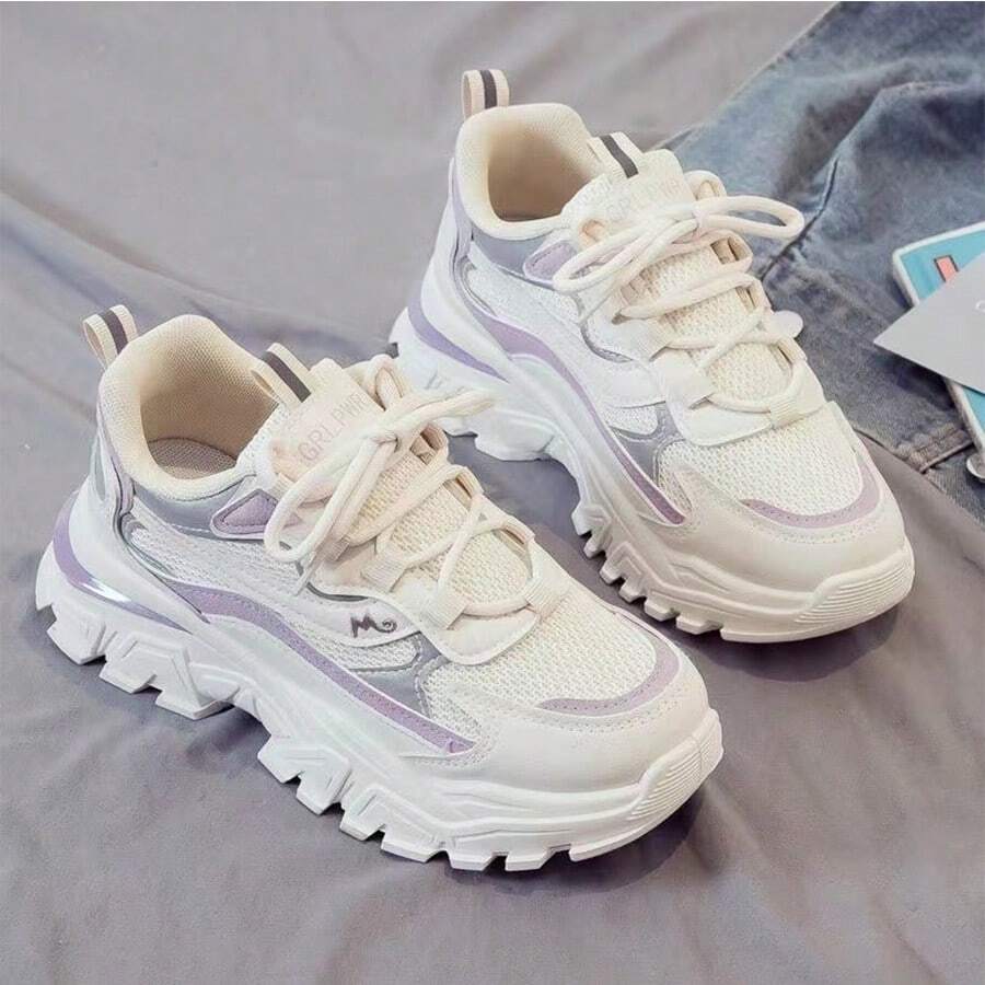 女士運動鞋,網眼透氣,厚底耐磨,低跟大坨鞋,皮面,時尚新穎的休閒鞋 - 紫色 - 查看 1
