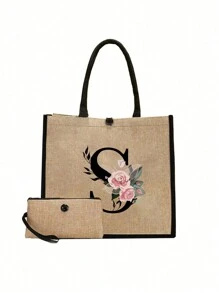 简约花朵字母印花亚麻手提包，简约旅行包，化妆包，大容量旅行手提包，圣诞节最佳教师礼物 - 卡其色 - 查看 15