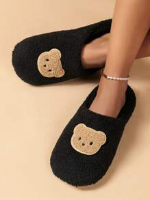 Bear Patch Decor Fuzzy Bedroom Slippers - Black - View 1