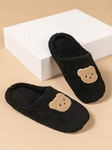 Bear Patch Decor Fuzzy Bedroom Slippers - Black - View 2