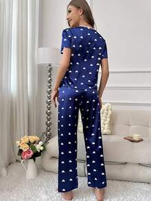 2 件女式心形印花睡衣套裝,短袖圓領上衣和鬆緊腰褲,家居服 - 藍色 - 查看 2