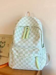 Highly Attractive Aesthetic Backpack For Girls, High School, College And Middle School Students, Large Capacity Simple Plaid Design Shoulder Bag - Green - View 6