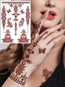 1張紅色海娜花邊圖案暫時貼身體紋身貼紙,適用於手臂、胸部、腹部、背部 - 紅色 - 查看 2
