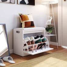 Furchen Schuhbank mit Sitzfläche, Schuhschrank mit Sitzbank, Weiße Schuhbank, Schuhregalbank, Eingangsschuhschrank, Holz, mit 3 Regalen, geeignet für Flureingang, Schlafzimmer, Wohnzimmer, 60x29,5x50,5 cm - Weiss - Übersicht 1