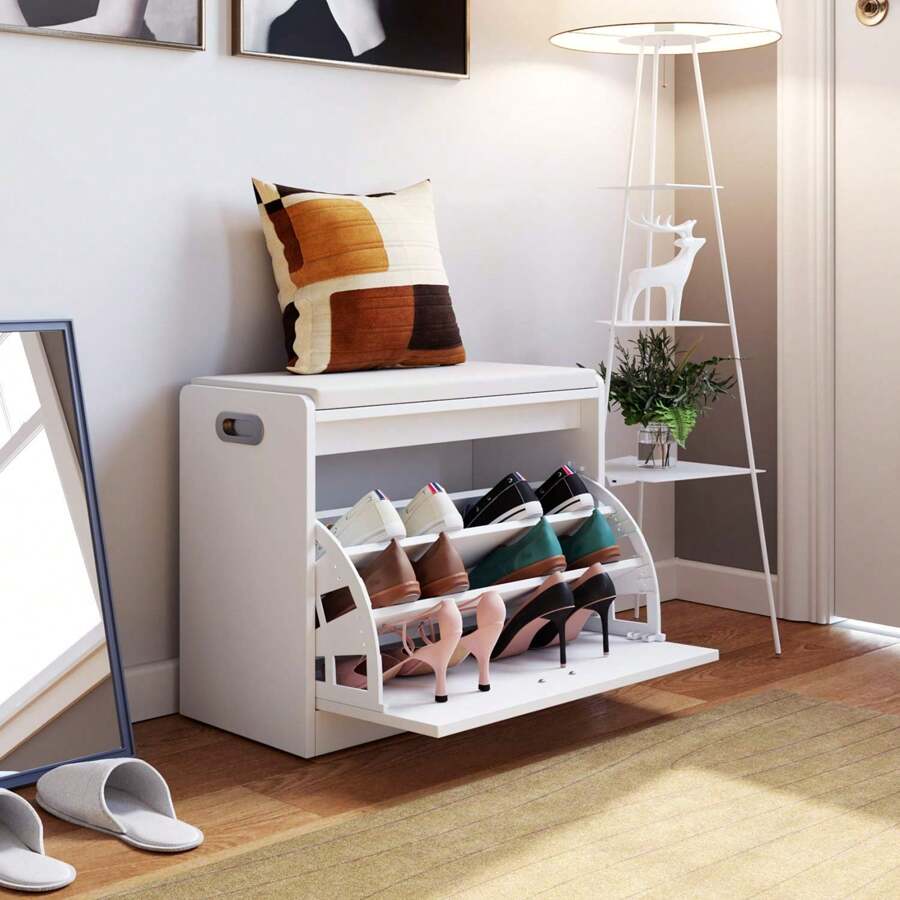 Furchen Schuhbank mit Sitzfläche, Schuhschrank mit Sitzbank, Weiße Schuhbank, Schuhregalbank, Eingangsschuhschrank, Holz, mit 3 Regalen, geeignet für Flureingang, Schlafzimmer, Wohnzimmer, 60x29,5x50,5 cm - Weiss - Übersicht 1