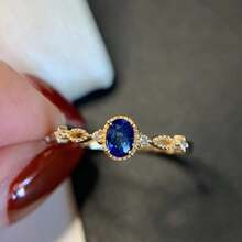 1入奢華日式鍍金戒指,簡約卵形花邊設置合成藍寶石,經典女性日常戒指 - 藍色寶石 - 查看 2